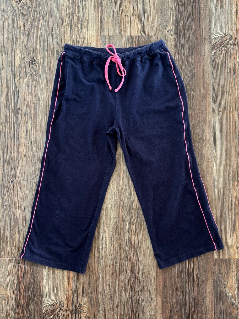Y2K IActive Capri Pants Medium Blue Pink Side Stripes Drawstring Athleisure Gym - Picture 2 of 7